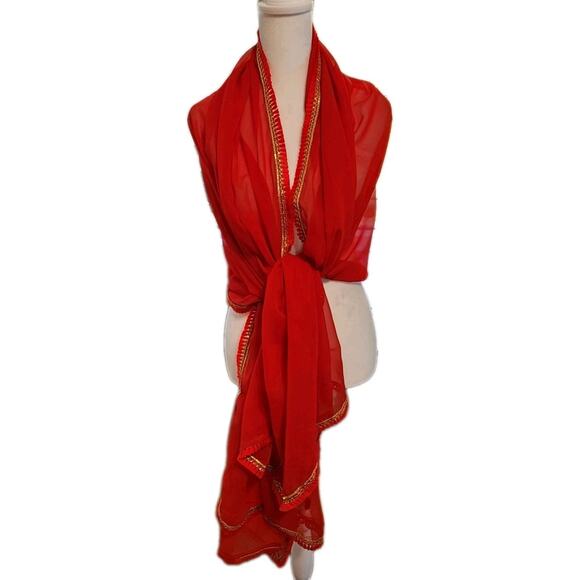 Red Sheer Sari Sarong Wrap Cover 40x80" Tassels Metallic Gold Thread Trim Design - Picture 3 of 7